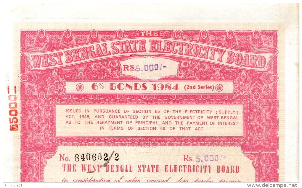 India 1984 West Bengal State Electricity Bonds 2nd Series Rs. 5000 # 10345G Inde Indien - Elektrizität & Gas