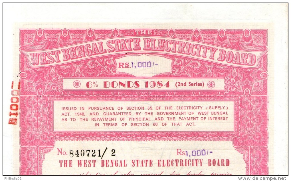 India 1984 West Bengal State Electricity Bonds 2nd Series Rs. 1000 # 10345H Inde Indien - Electricity & Gas