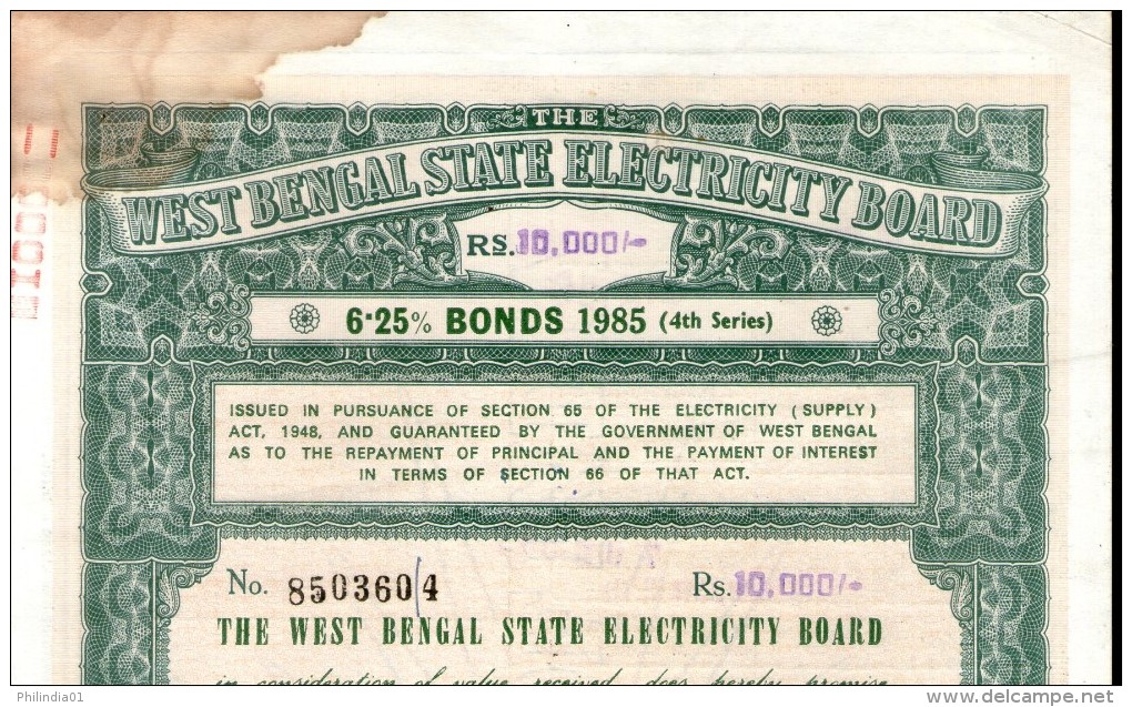 India 1985 West Bengal State Electricity Bonds 4th Series Rs. 10000 # 10345L Inde Indien - Electricity & Gas