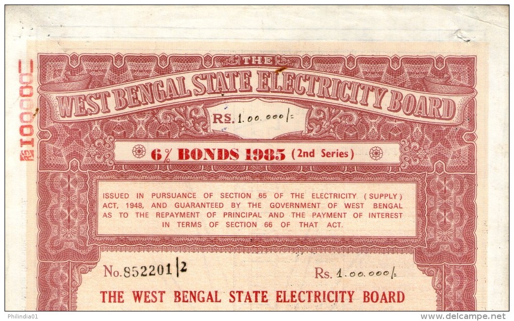 India 1985 West Bengal State Electricity Bonds 2nd Series Rs. 100000 # 10345O Inde Indien - Elektriciteit En Gas