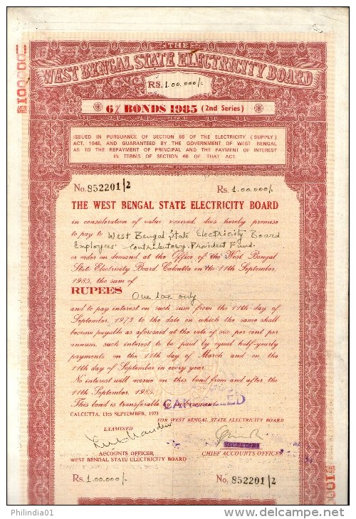 India 1985 West Bengal State Electricity Bonds 2nd Series Rs. 100000 # 10345O Inde Indien - Elektriciteit En Gas