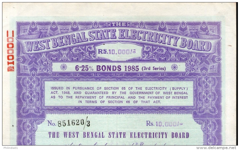 India 1985 West Bengal State Electricity Bonds 3rd Series Rs. 10000 # 10345Q Inde Indien - Electricité & Gaz