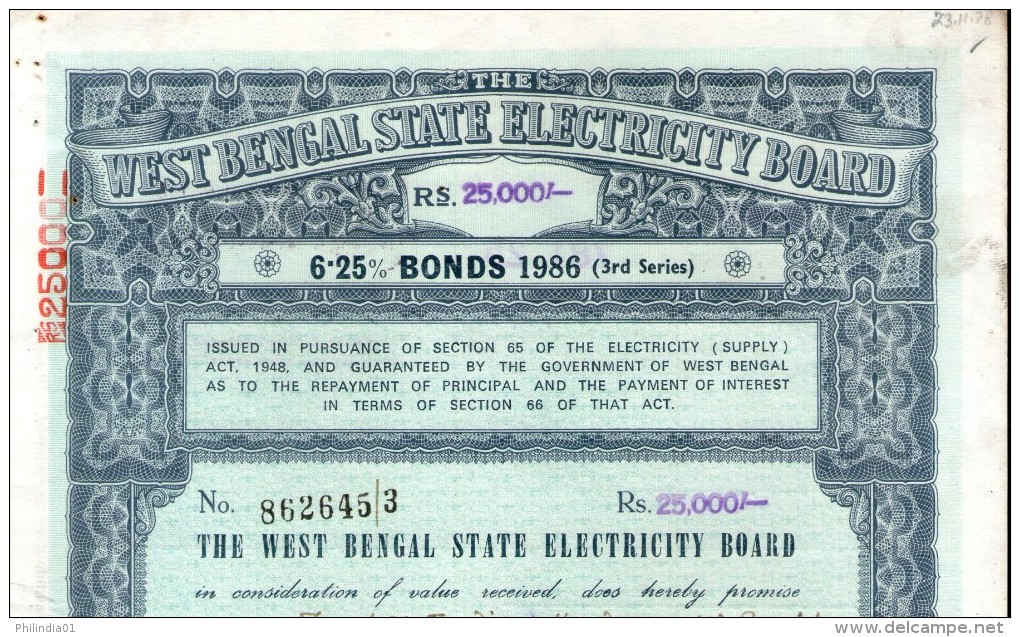 India 1986 West Bengal State Electricity Bonds 3rd Series Rs. 25000 # 10345T Inde Indien - Electricity & Gas