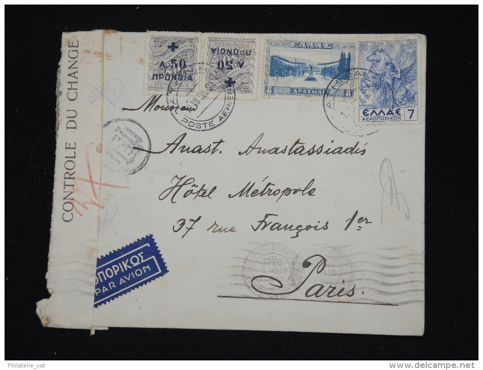 GRECE - Enveloppe De Athénes Pour Paris En 1938 Avec Controle - Cad. Athenes Poste Aérienne - à Voir - Lot P8604 - Covers & Documents