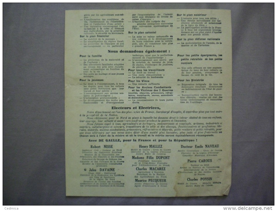 ELECTIONS DU 21 OCTOBRE 1945 ARRONDISSEMENTS D´AVESNES CAMBRAI DOUAI VALENCIENNES LISTE D´UNION DES REPUBLICAINS TRACT - Historische Dokumente