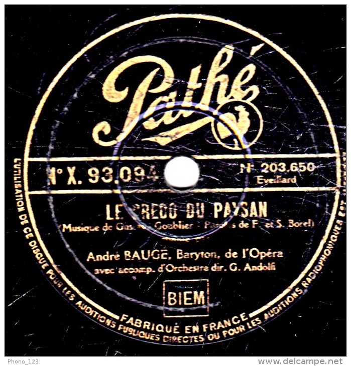 78 Trs - 30 Cm - état TB - André BAUGE - L'ANGELUS DE LA MER - LE CREDO DU PAYSAN - 78 Rpm - Schellackplatten