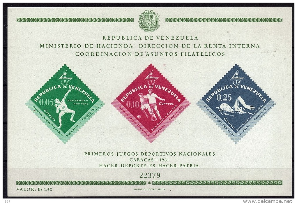 VENEZUELA    BF  8   * *  NON DENTELE  ( Cote 7.60e)  1961 Football  Soccer  Fussball Natation Lancer Du Poids - Neufs