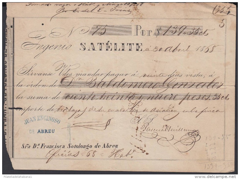 E609 CUBA SPAIN ESPAÑA BANK CHECK SUGAR. 1858 INGENIO AZUCARERO SATELITE - Documentos Históricos