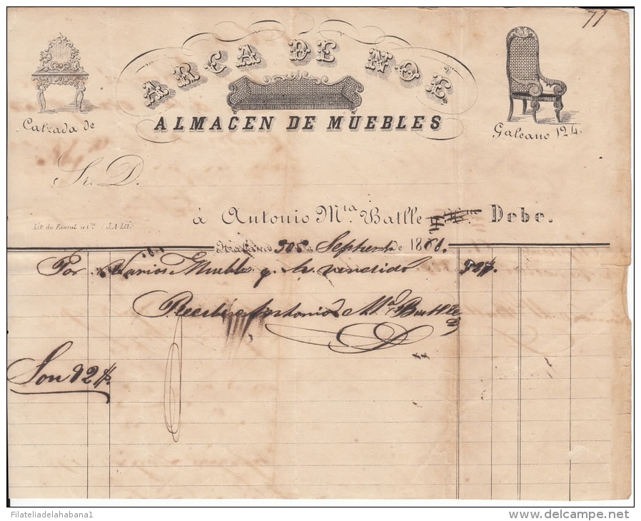 *E655 CUBA SPAIN ESPAÑA OLD ENGRAVING INVOICE 1861 \"MUEBLERIA ARCA DE NOE\ - Documenti Storici