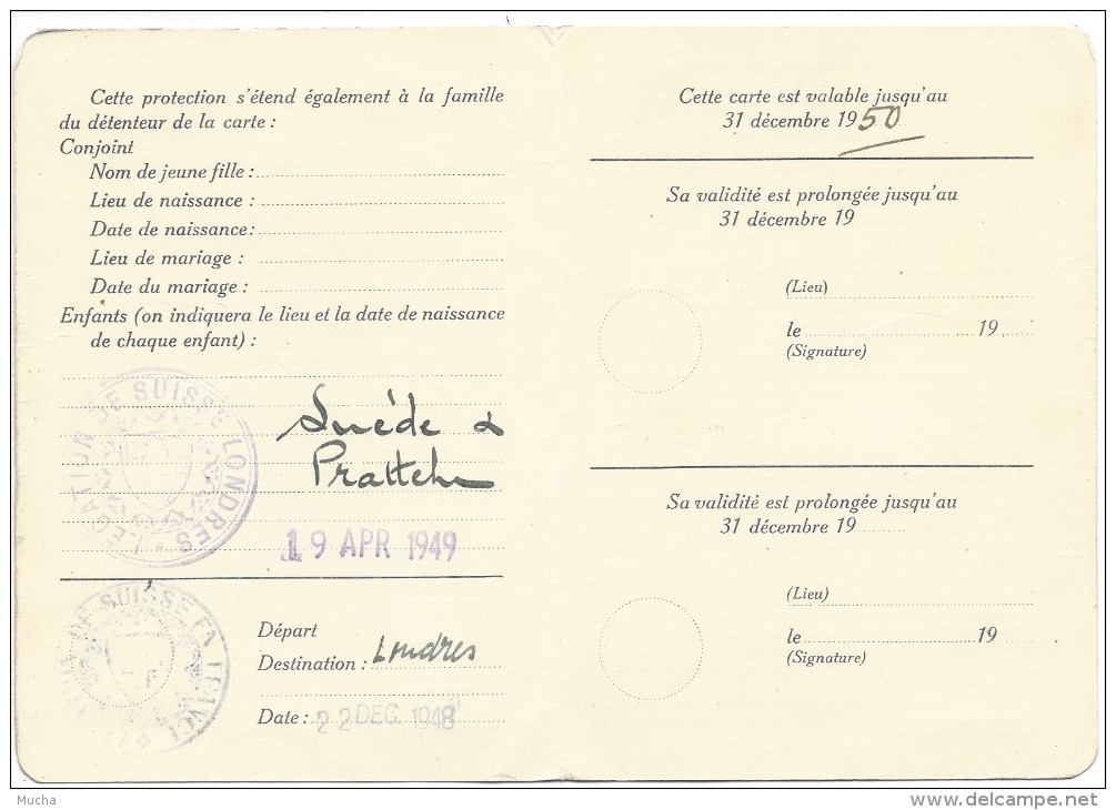 Carte D'immatriculation Faite Par La Légation Suisse De Paris Le 20 Décembre 1947 - Non Classés