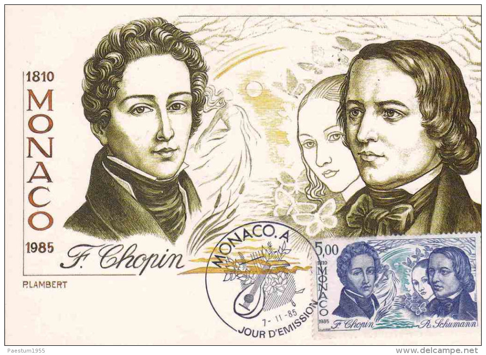 Carte Maximum MONACO Premier Jour 1985  Frédéric Chopin (1810-1849); Robert Schumann (1810-1856) - Muziek