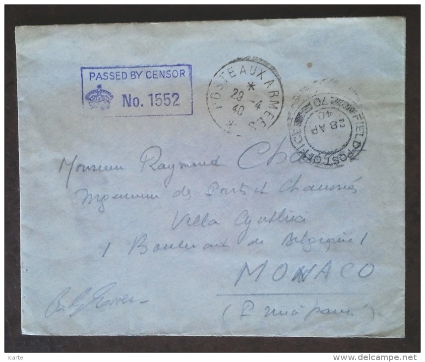 Enveloppe Franchise Militaire 1940 Double Oblitération FIELD POST OFFICE 70 Et POSTE AUX ARMEES Vers  MONACO - WW II