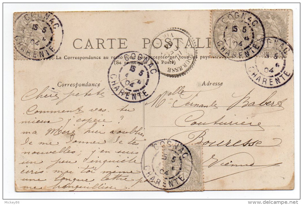 1904--carte Postale Avec Composition De Type Blanc 1c Et 5c- 7 Cachets COGNAC-16 Et Un Cachet BOURESSE-86 - 1900-29 Blanc