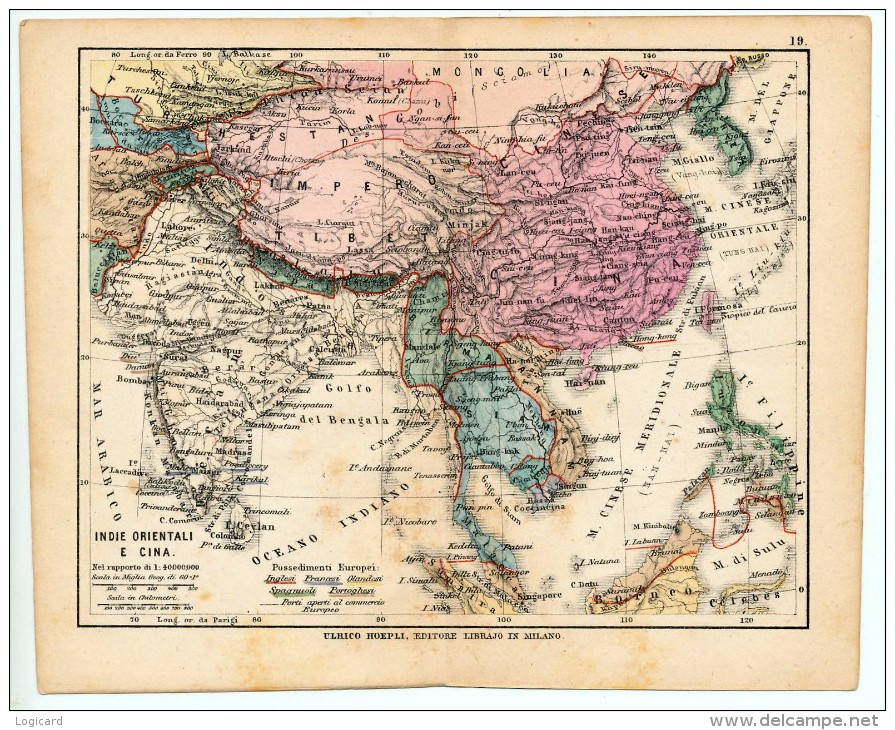 ULRICO HOEPLI DEL R. KIEPERT - INDIE ORIENTALI E CINA - 1880 - Carte Geographique