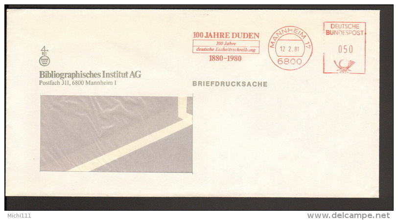 Deutschland 100 Jahre Duden / Deutsche Einheitsschreibung Freistempel Aus Mannheim Von 1981 - Sonstige & Ohne Zuordnung