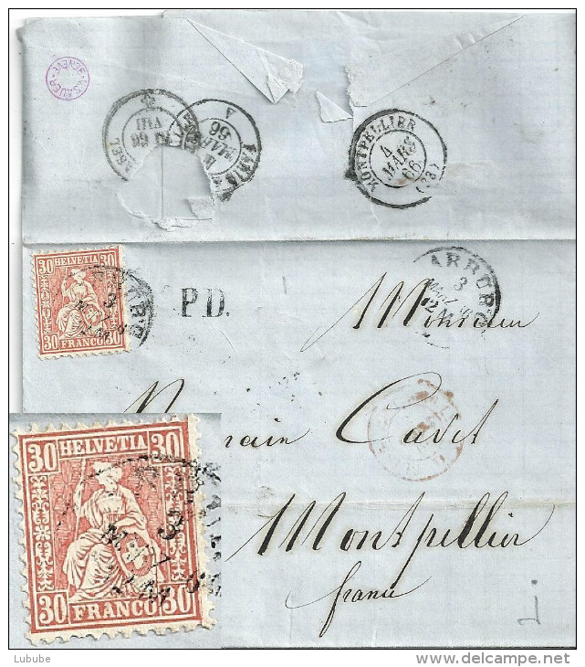 Ausland Brief  Aarburg - Montpellier F              1866 - Lettres & Documents