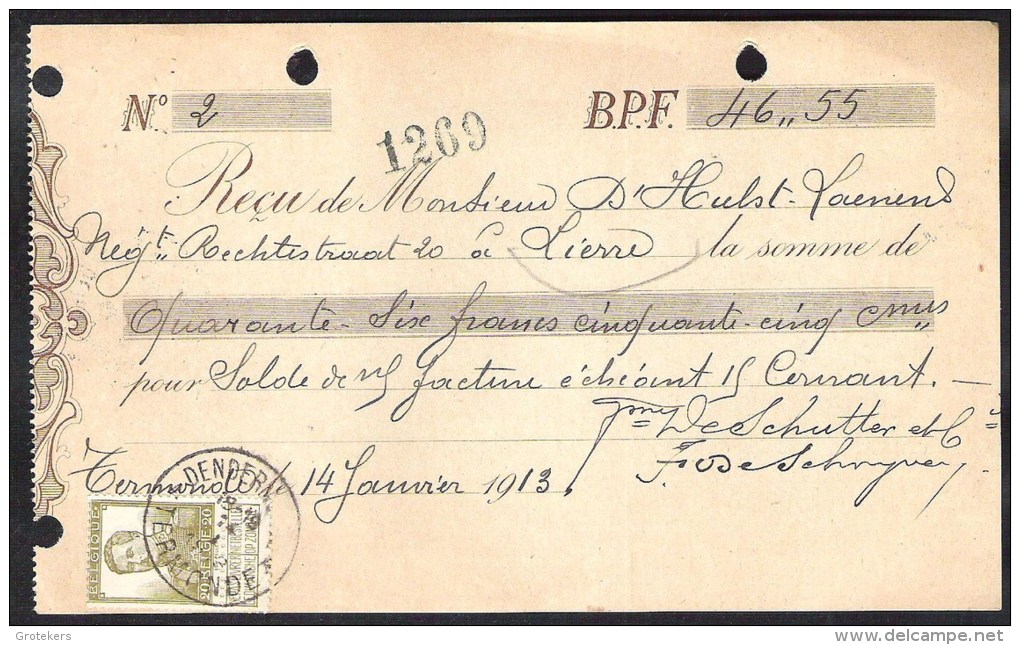Kwitantie DENDERMONDE/TERMONDE 1913 14 Jan. Met OBP 119 - Sonstige & Ohne Zuordnung