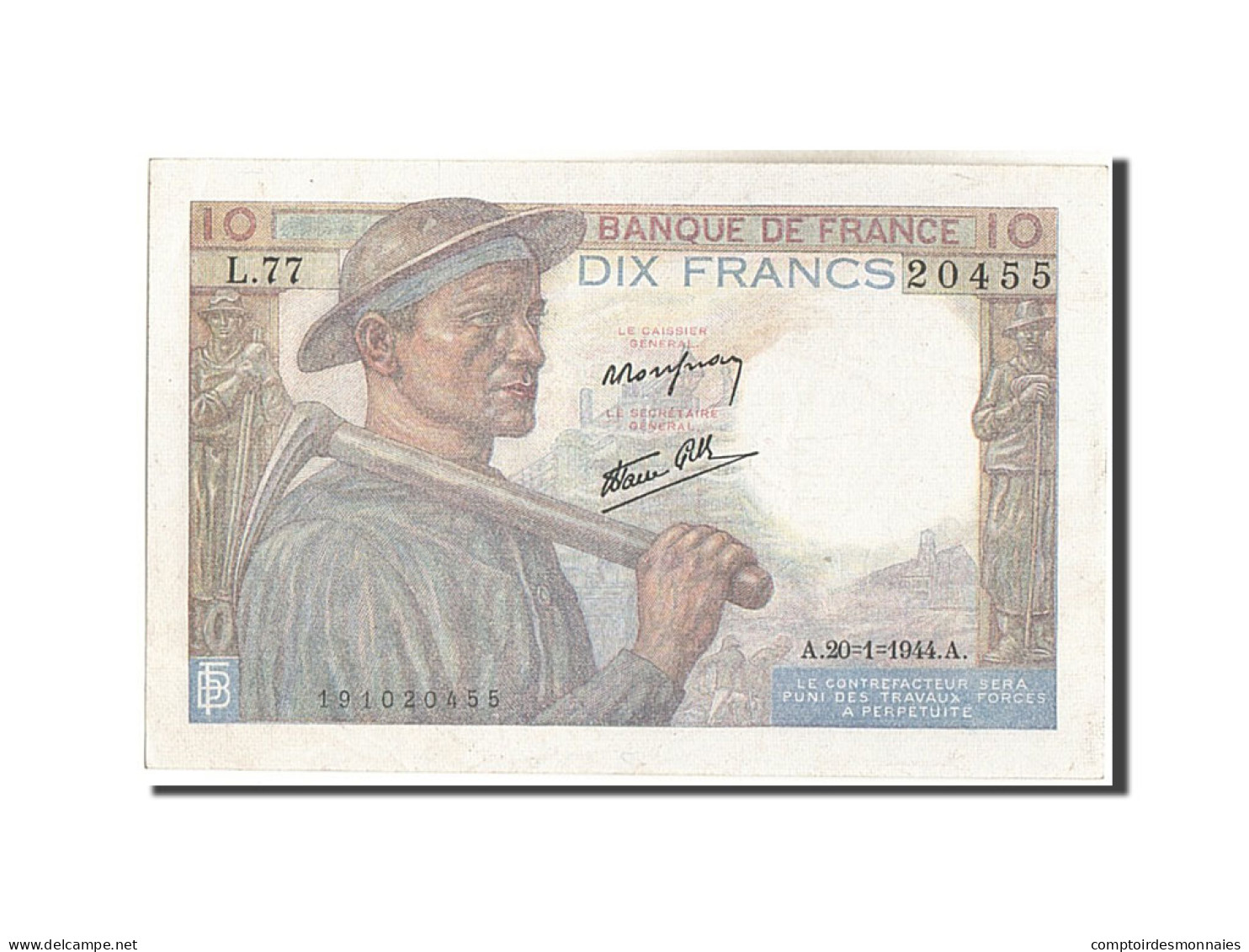 Billet, France, 10 Francs, 10 F 1941-1949 ''Mineur'', 1944, 1944-01-20, SUP - 10 F 1941-1949 ''Mineur''