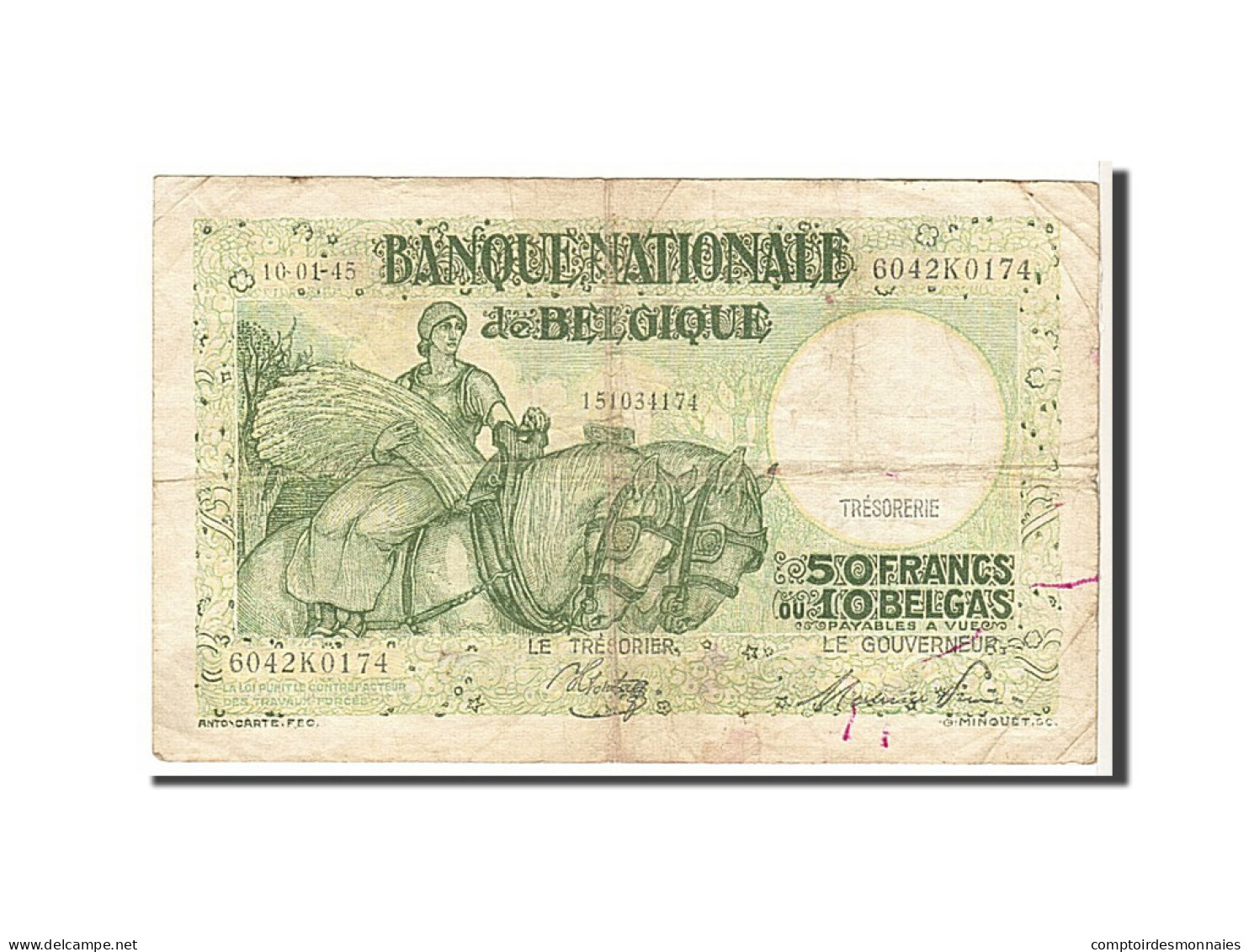 Billet, Belgique, 50 Francs-10 Belgas, 1945, KM:106, TB - 50 Francs