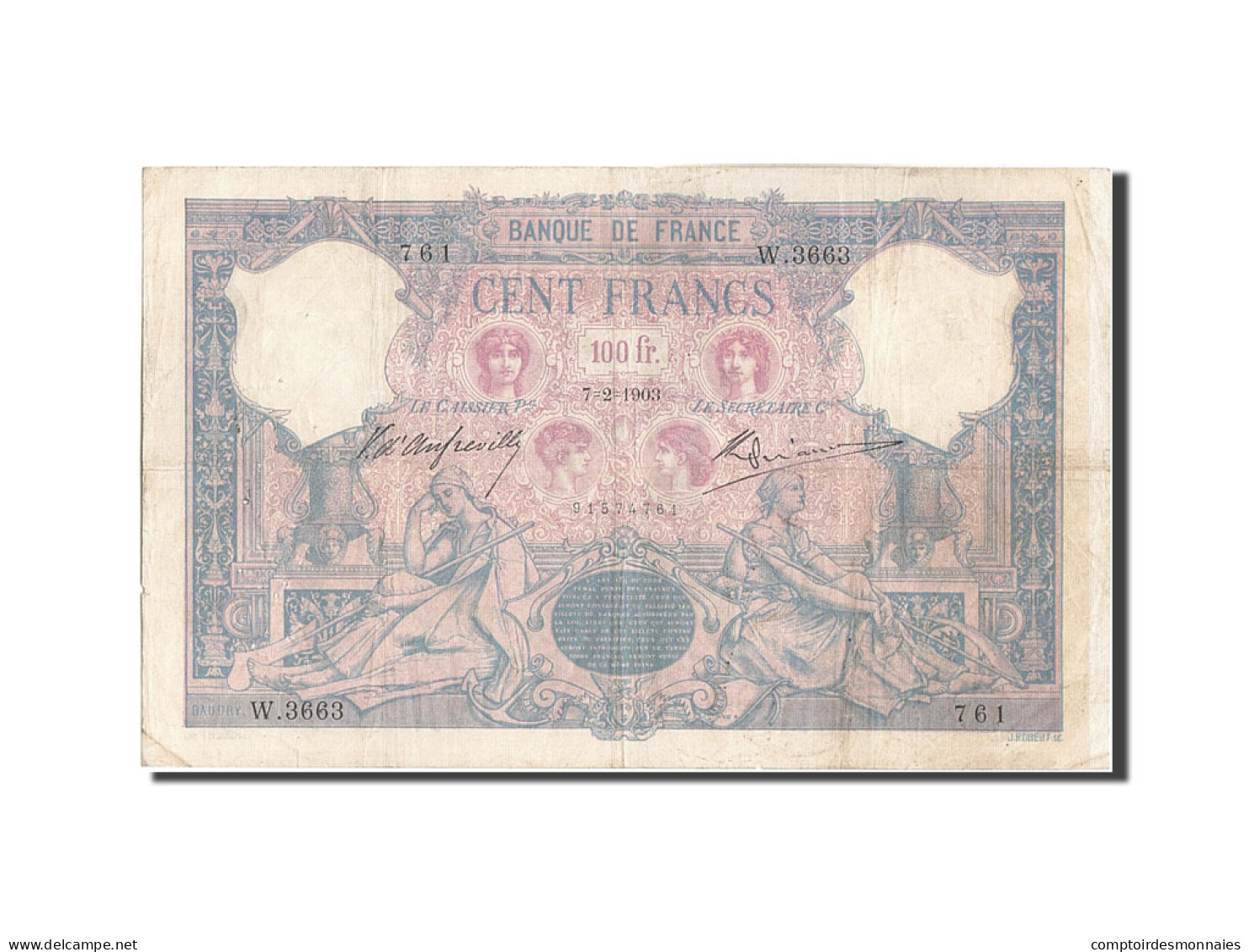 Billet, France, 100 Francs, 100 F 1888-1909 ''Bleu Et Rose'', 1903, 1903-02-07 - 100 F 1888-1909 ''Bleu Et Rose''