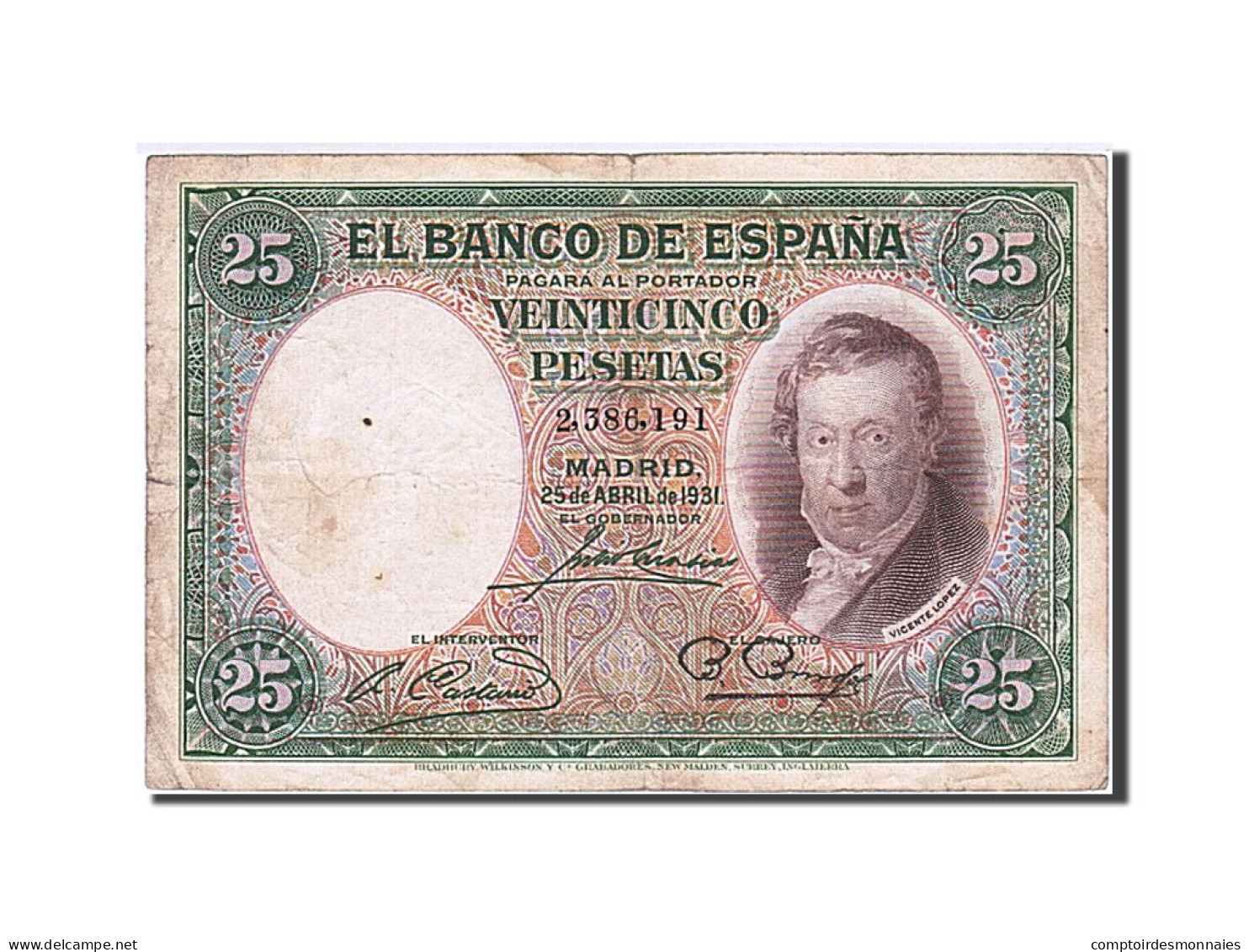 Billet, Espagne, 25 Pesetas, 1931, 1931-04-25, TB - 1-2-5-25 Pesetas