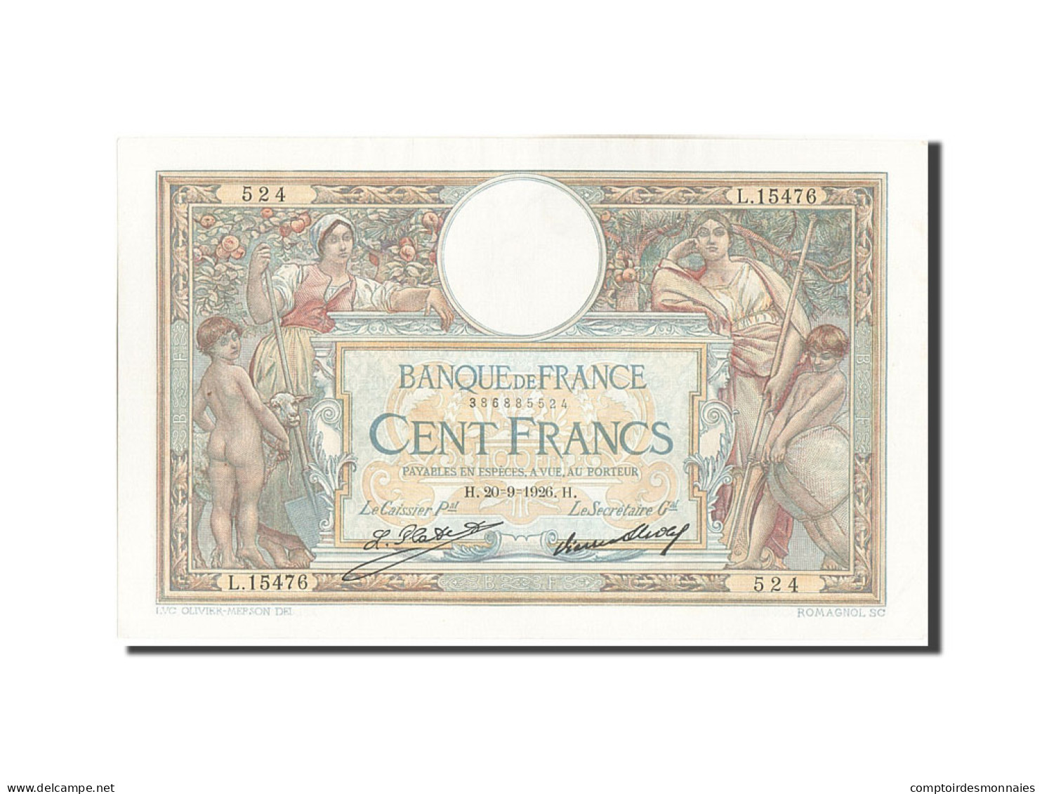 Billet, France, 100 Francs, 100 F 1908-1939 ''Luc Olivier Merson'', 1926 - 100 F 1908-1939 ''Luc Olivier Merson''