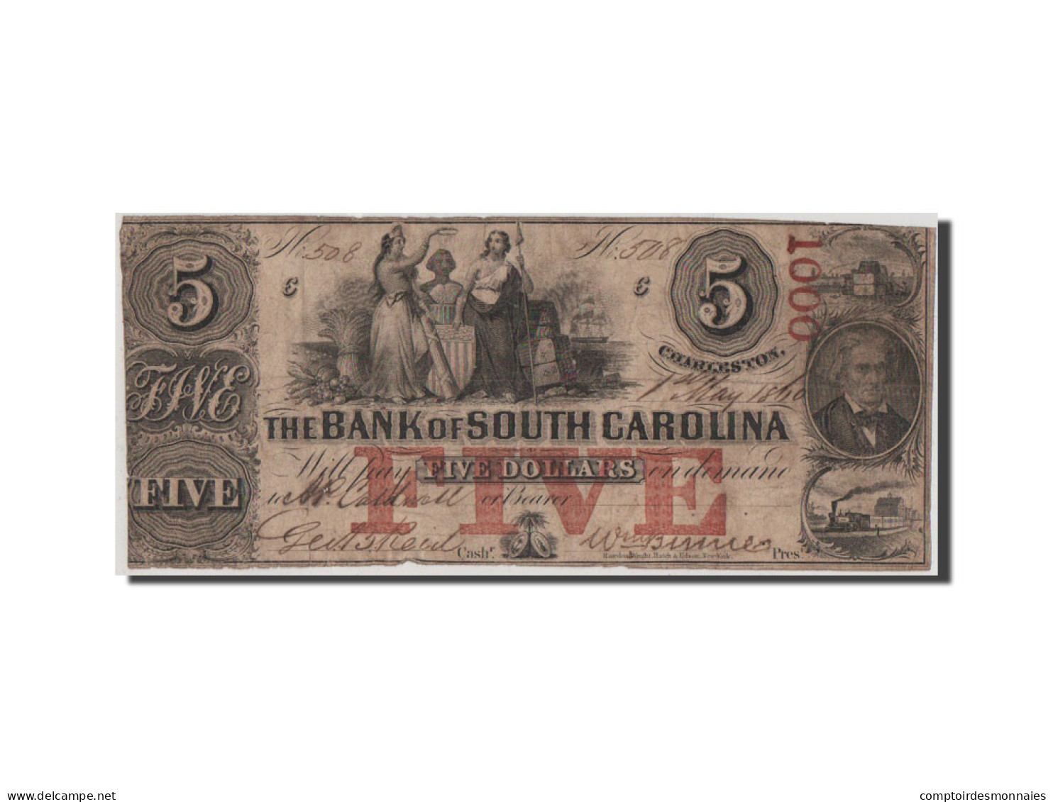 Billet, États-Unis, 5 Dollars, 1860, TB+ - South Carolina