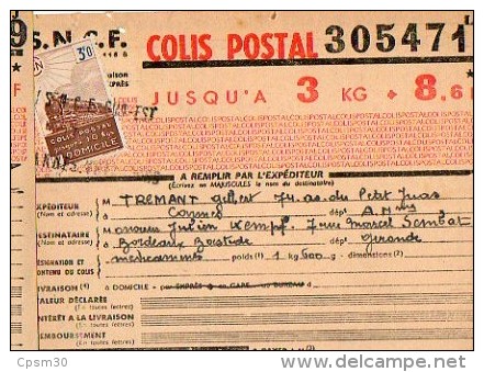 Colis Postaux - Bulletin D´expedition 3kg 8.6F N° 305471 - Timbre 3f0 - Cachet Gare S.N.C.F. Sud-Est CANNES Voyageurs - Lettres & Documents