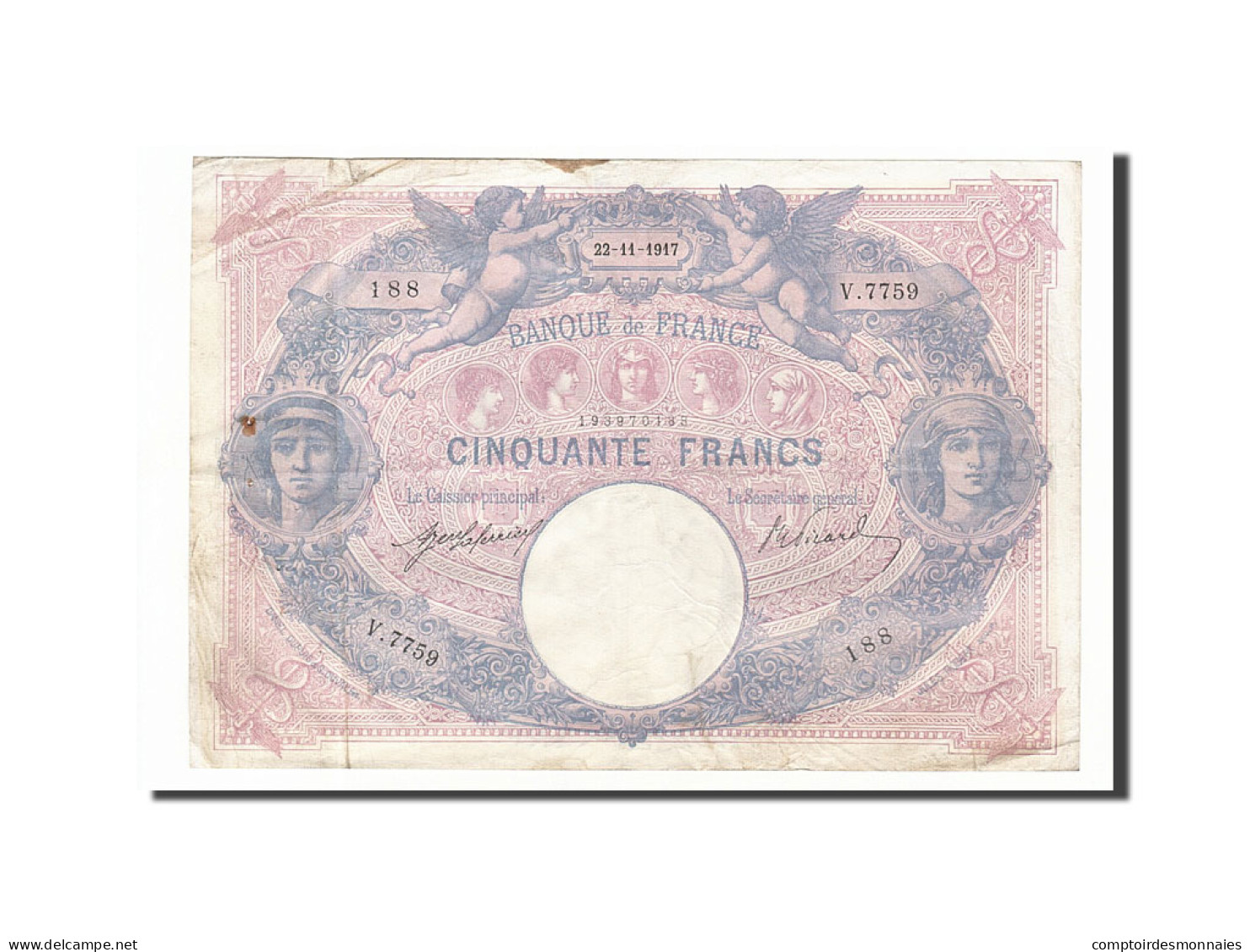 Billet, France, 50 Francs, 50 F 1889-1927 ''Bleu Et Rose'', 1917, 1917-11-22 - 50 F 1889-1927 ''Bleu Et Rose''