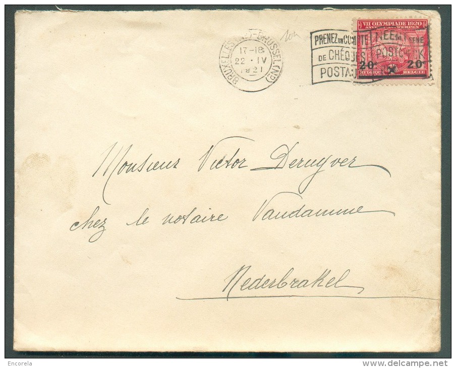 BELGIQUE N°185 - 20 Centimes S/10c. Obl. BRUXelleS (N°) Sur Enveloppe Du 22-IV-1921 Vers Nederbrakel - 10662 - Zomer 1920: Antwerpen