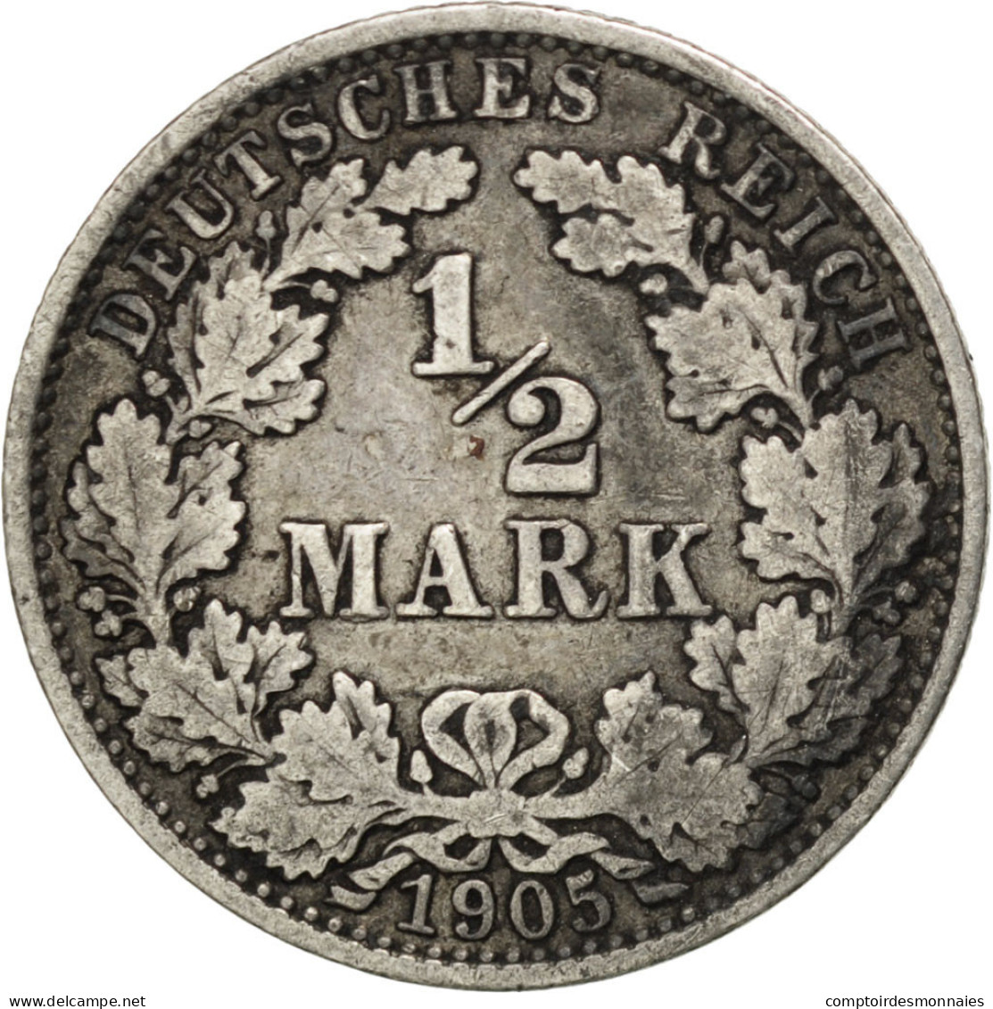 Monnaie, GERMANY - EMPIRE, 1/2 Mark, 1905, Berlin, TB+, Argent, KM:17 - 1/2 Mark