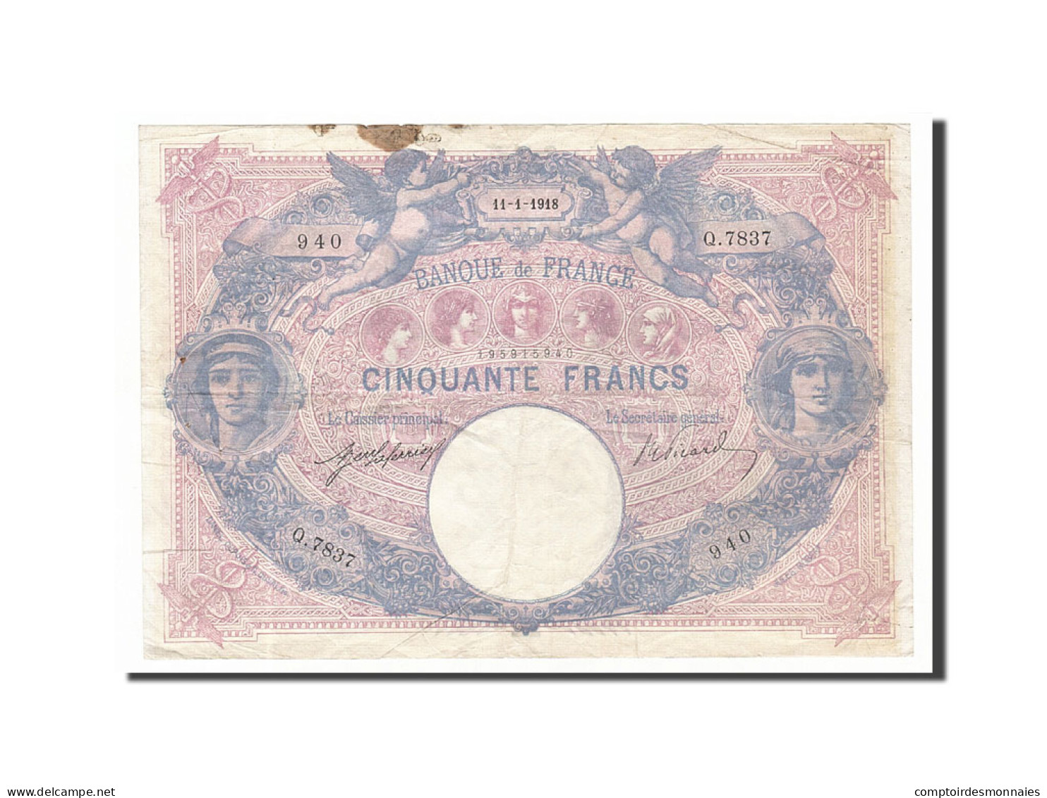 Billet, France, 50 Francs, 50 F 1889-1927 ''Bleu Et Rose'', 1918, 1918-01-11 - 50 F 1889-1927 ''Bleu Et Rose''