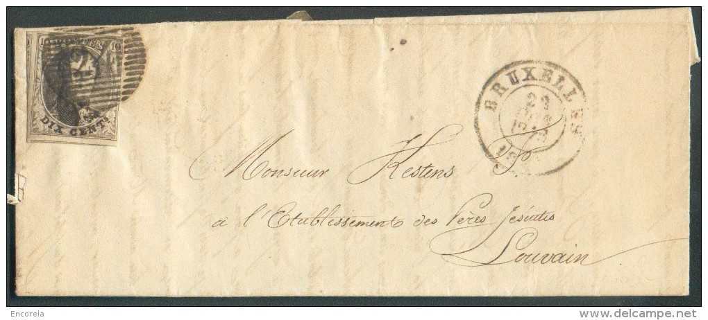 N°3 - Médaillon 10 Centimes Brun, à Peine Effleuré à Droite Sinon Bien Margé Et 2 Voisins, Obl. P.24 Sur Lettre De BRUXE - 1849-1850 Medaillen (3/5)