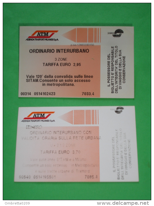 ATM MILANO Metropolitana/Autobus - 2  Biglietti INTERUrbano 3 Zone/u + 21/2 Zone  - Sitam- Convalidato - Europe