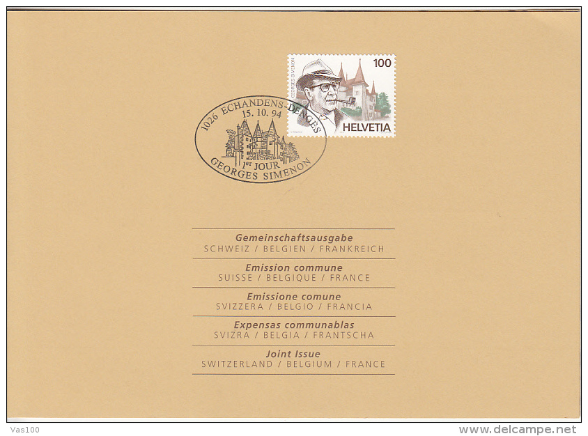 GEORGES SIMENON, WRITER, BOOKLET, OBLIT FDC, 1994, JOINT ISSUE BELGIUM-FRANCE-SWITZERLAND - Joint Issues