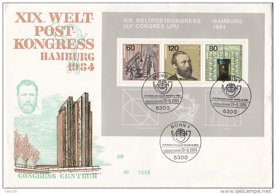 UPU CONGRESS IN HAMBURG, HEINRICH VON STEPHAN, EMBOISED COVER FDC, 1984, GERMANY - U.P.U.