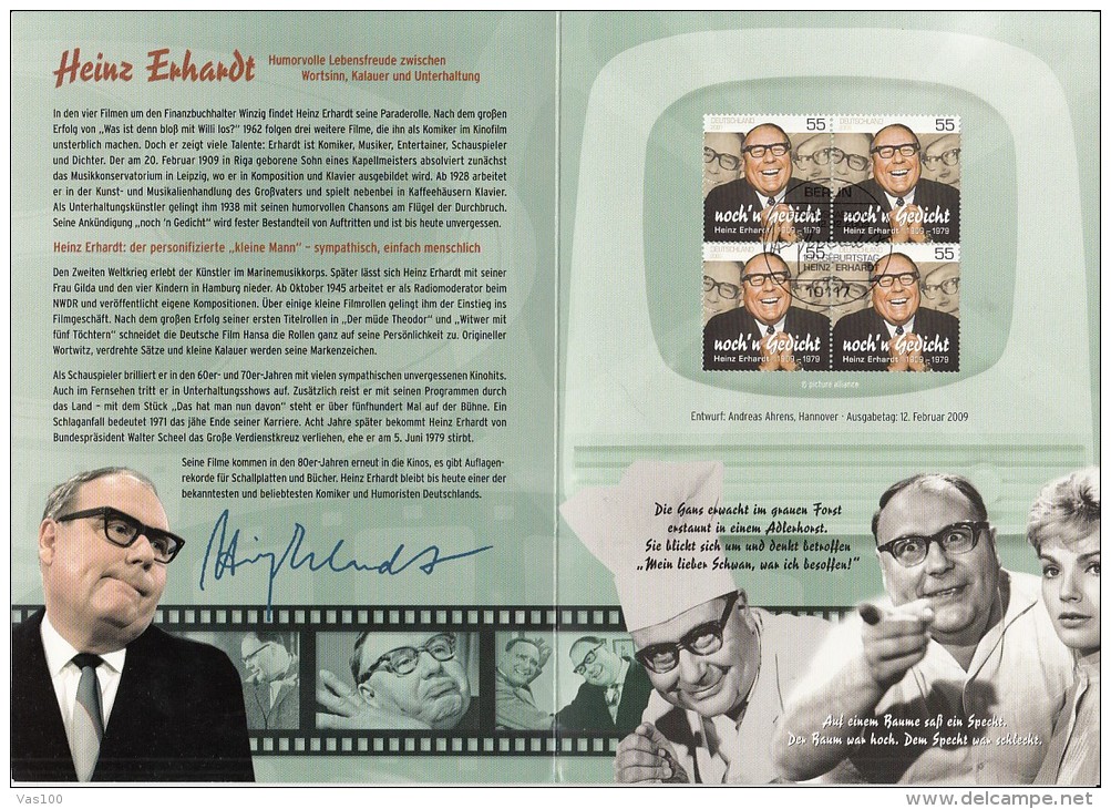 HEINZ ERHARDT, ACTOR, BOOKLET, OBLIT FDC, 2009, GERMANY - Cinema