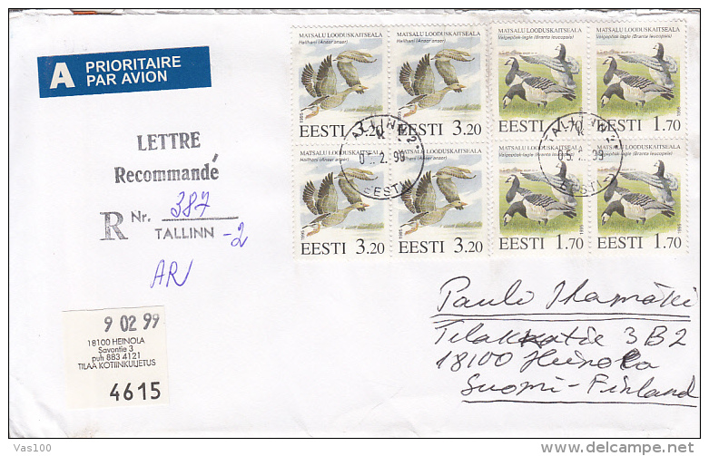 BIRDS, GREYLAG GOOSE, BARNACLE GOOSE, STAMPS ON REGISTERED COVER, 1999, ESTONIA - Ganzen