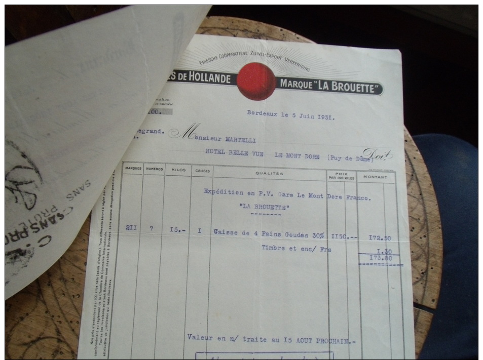 Ancienne Facture  Marque Le Brouette Coomans Fromage Lettre Change - 1900 – 1949