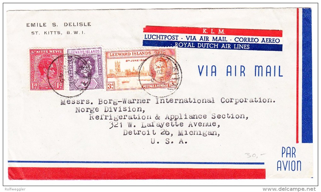 Leewards Islands 28.12.1946 KLM Flugpost Brief Nach Detroit USA - Leeward  Islands