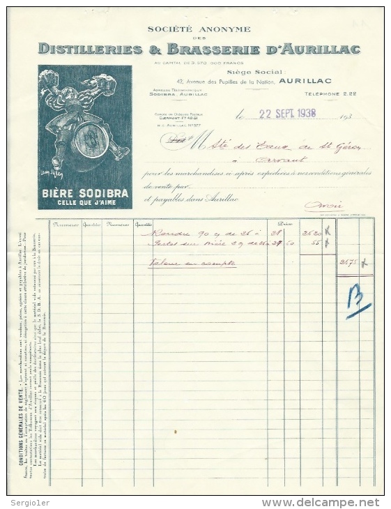 Ancienne Facture  Bière Distillerie & Brasserie D´Aurillac Bière SODIBRA  Dessin Signé  Datée Du 22 Sept 1938 - Factures
