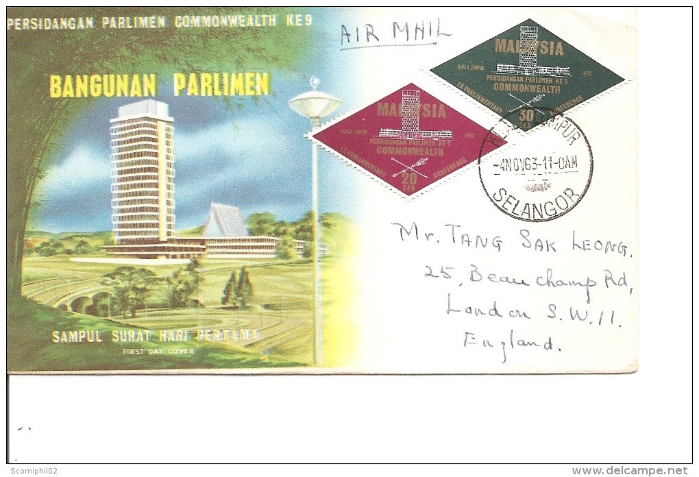 Malaysia -Parlement ( FDC De 1963 Voyagé Vers La Grande-Bretagne à Voir) - Malayan Postal Union