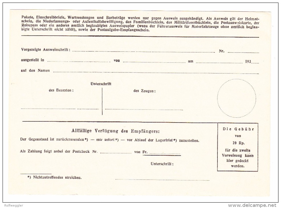 Schweiz 27.10.1939 Latterbach Franco Abholungseinladung Ausweispapiere - Franchise