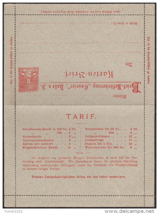 Allemagne 1893. Entier Poste Privée. Halle, Carte-lettre. Tarif Postal : Cartes-lettres, échantillons, Mandats... Blason - Enveloppes
