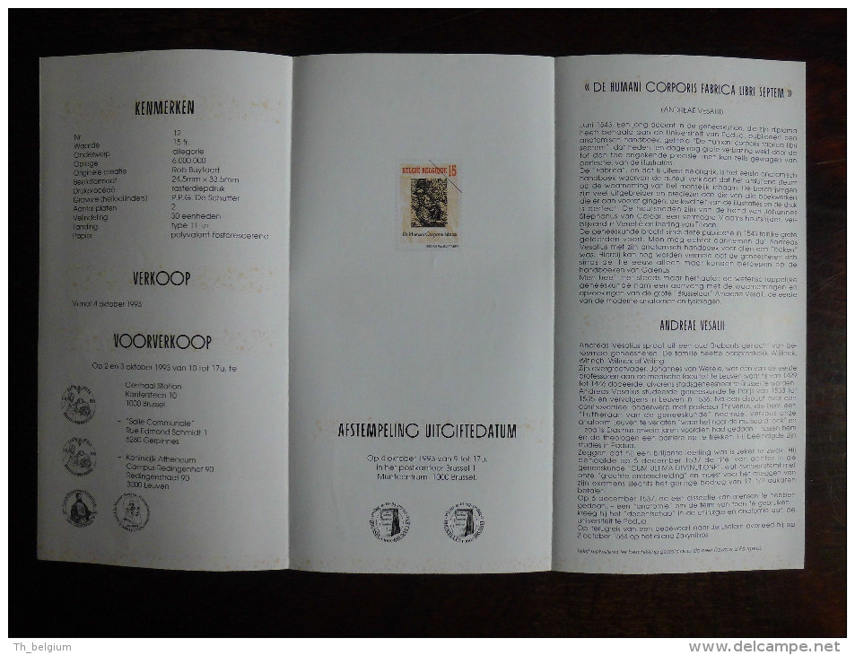 België Belgium - Folder Postzegeluitgifte: 1993 Andreas Vesalius 'De Humani Corporis Fabrica' - Autres & Non Classés