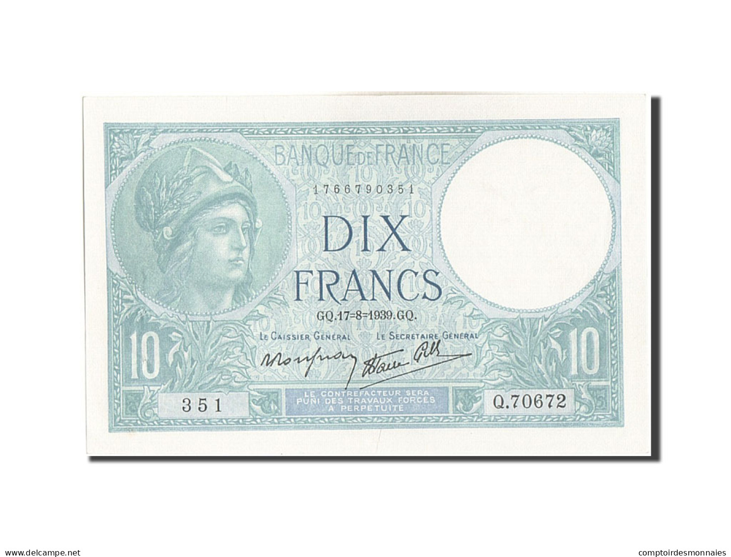 Billet, France, 10 Francs, 10 F 1916-1942 ''Minerve'', 1939, SPL, Fayette:7.5 - 10 F 1916-1942 ''Minerve''