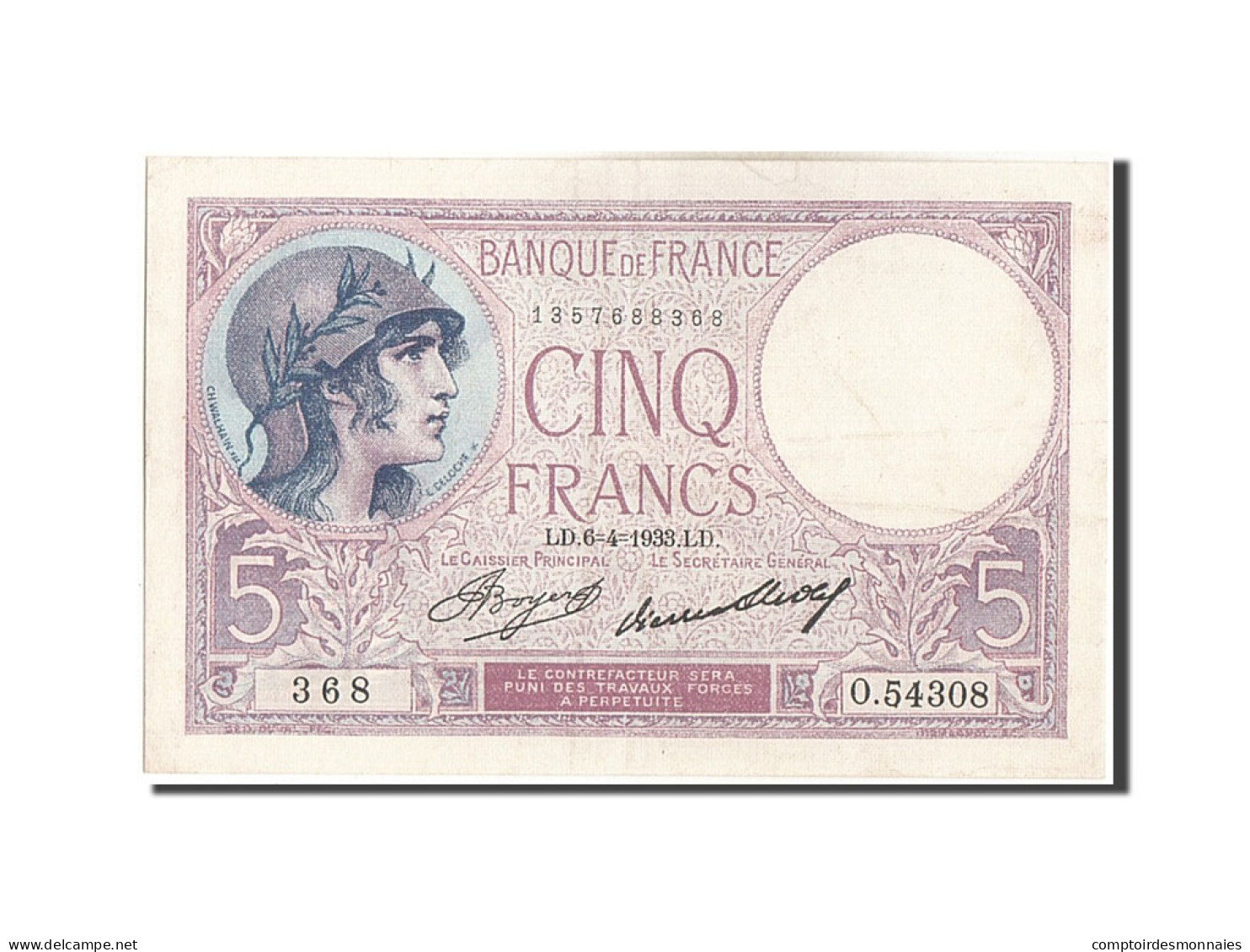 Billet, France, 5 Francs, 5 F 1917-1940 ''Violet'', 1933, 1933-04-06, TTB+ - 5 F 1917-1940 ''Violet''