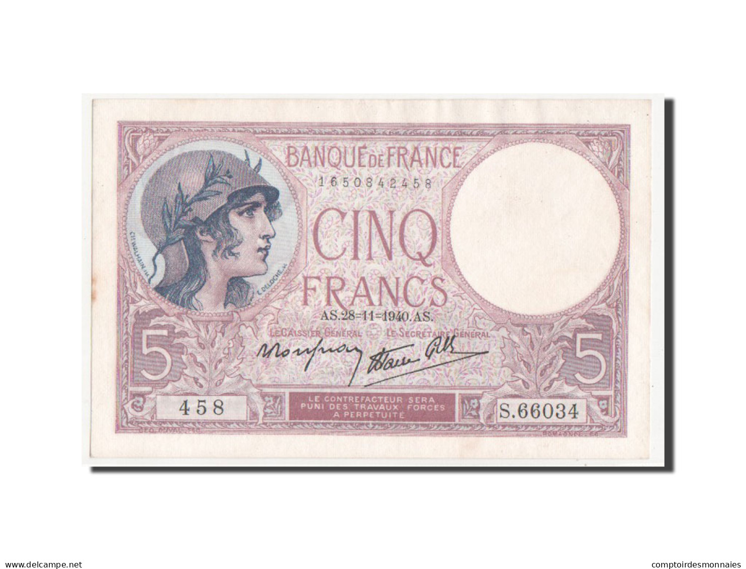 Billet, France, 5 Francs, 5 F 1917-1940 ''Violet'', 1940, SPL+, Fayette:4.15 - 5 F 1917-1940 ''Violet''