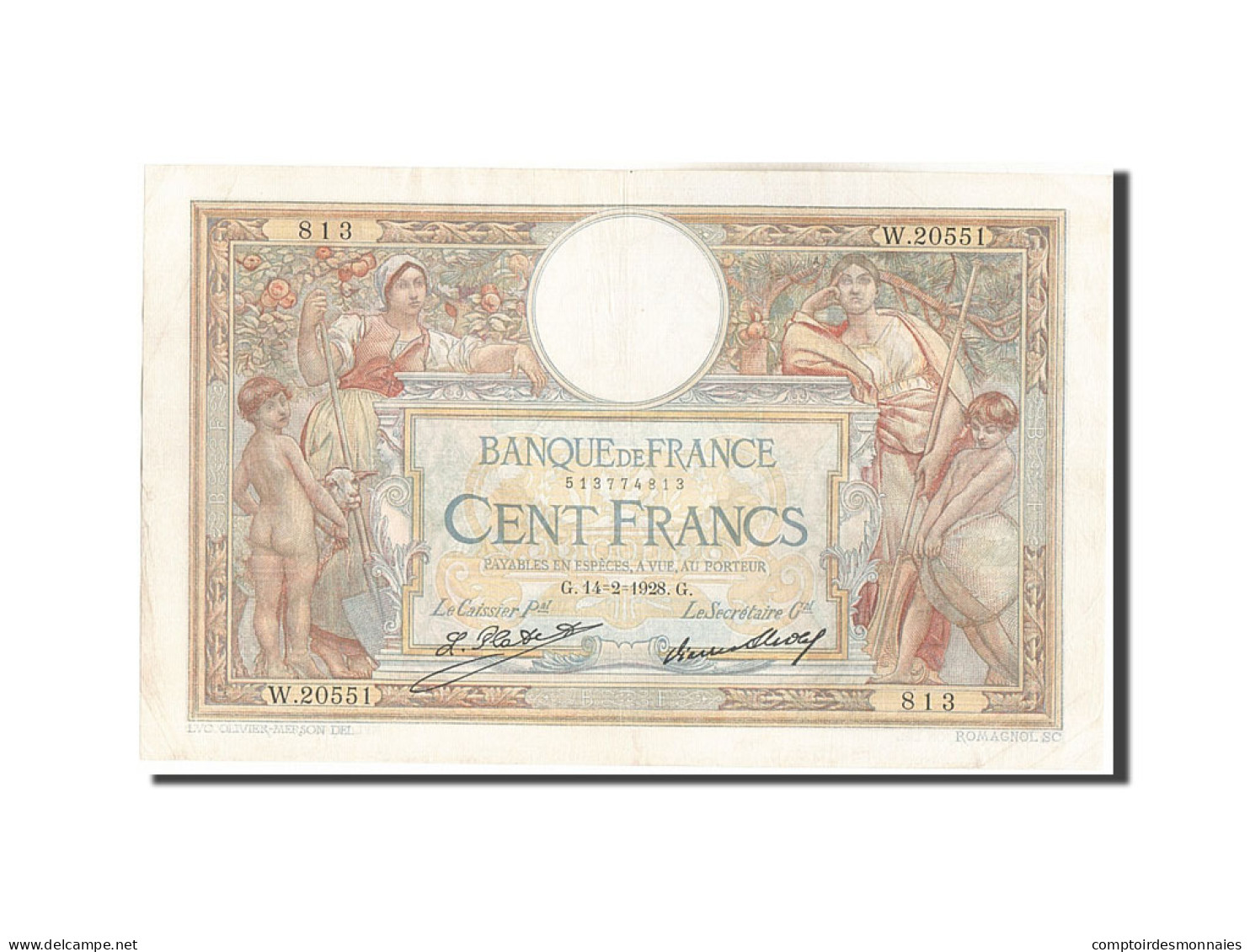 Billet, France, 100 Francs, 100 F 1908-1939 ''Luc Olivier Merson'', 1928 - 100 F 1908-1939 ''Luc Olivier Merson''