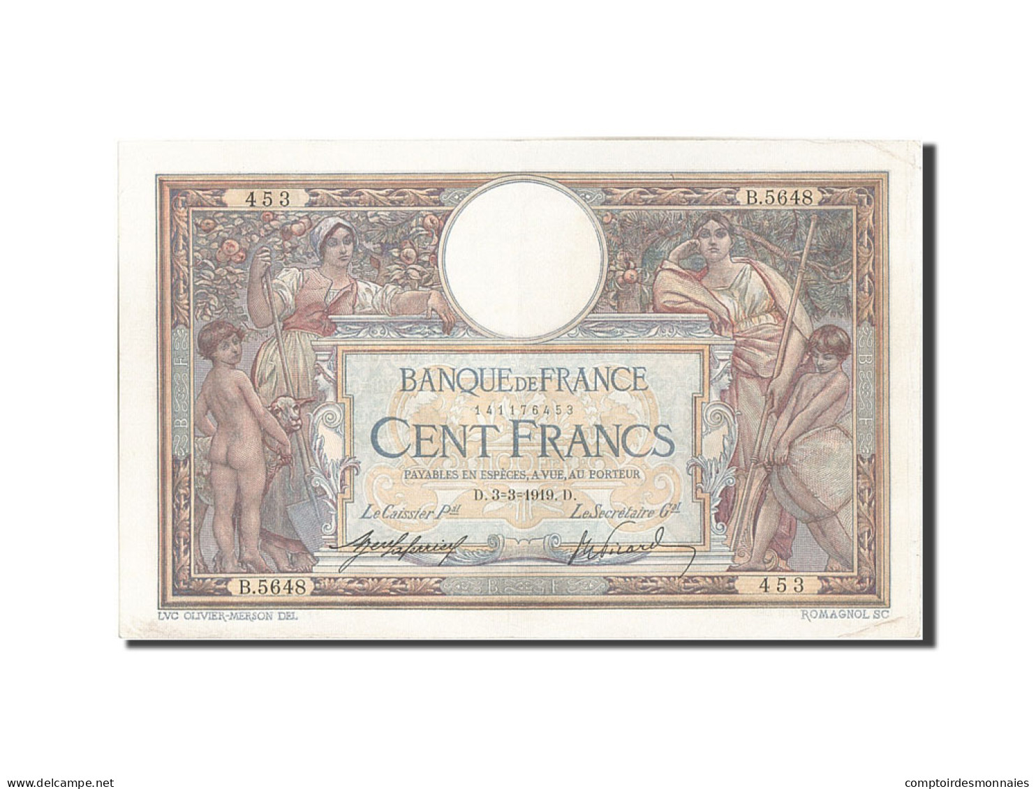 Billet, France, 100 Francs, 100 F 1908-1939 ''Luc Olivier Merson'', 1919 - 100 F 1908-1939 ''Luc Olivier Merson''